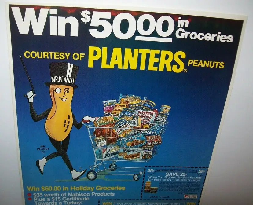 Mr Peanut Vintage 1985 Contest Coupon Planters Nuts Mister Peanuts Shopping Cart