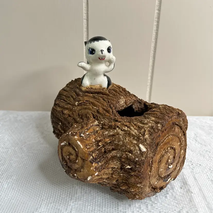 Adorable Vintage Baby Skunk On Log Planter