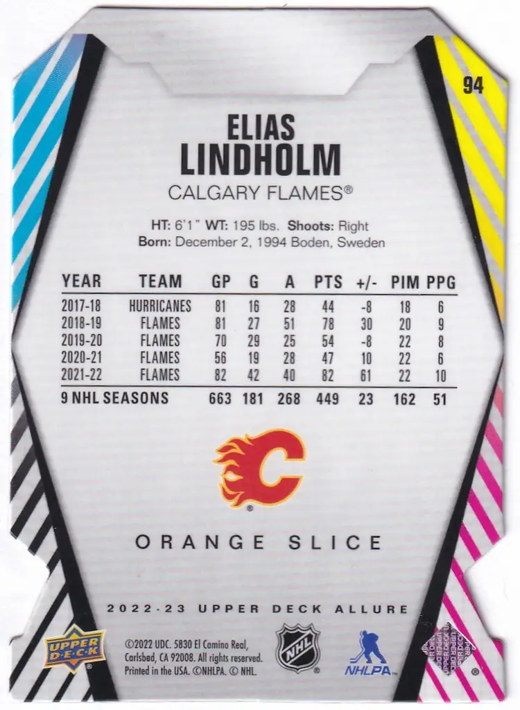 2022-23 Upper Deck Allure Orange Slice Die Cut #94 Elias Lindholm Calgary Flames Hockey Card
