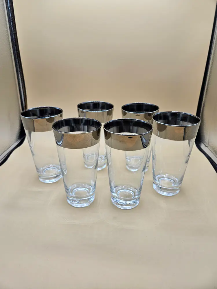 6 Silver Banded 5.75"H Cocktail Drinking Glasses