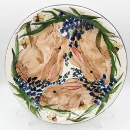 Connie Carlisle Art Pottery Signed Bunny Rabbit Plate Plaid Back
