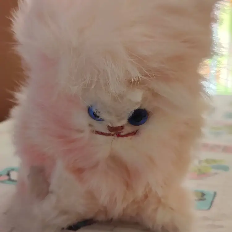 Vintage "Jerry Pets" Kitten | Pink Real Rabbit Fur Stuffed Kitty Cat | SO FLUFFY | 10" Plush with Blue Eyes | 1950s Jerry Elsner Made in USA