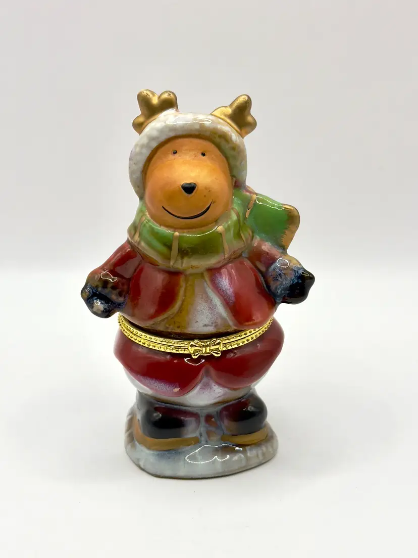 Festive Ceramic Reindeer in a Santa Claus Suit Hinged Trinket Box, Hand-painted Christmas Decor, By Greenbrier Intl., Made In China