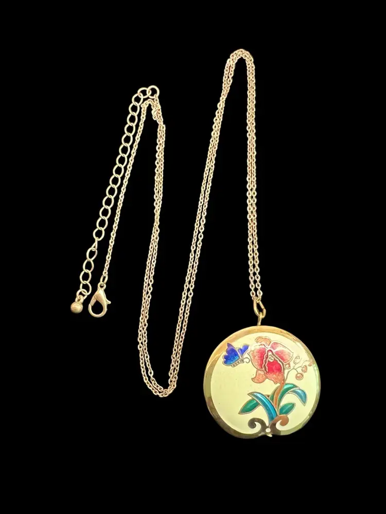 Vintage Cloisonné Floral Butterfly Enamel Guilloche Necklace 30" Necklace #of-c