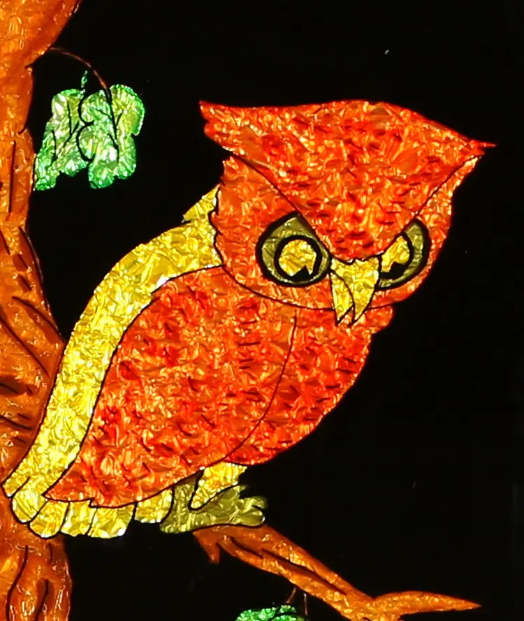 Crumbled Foil Owl Picture Foil Art Vintage 1960's 70's (B)