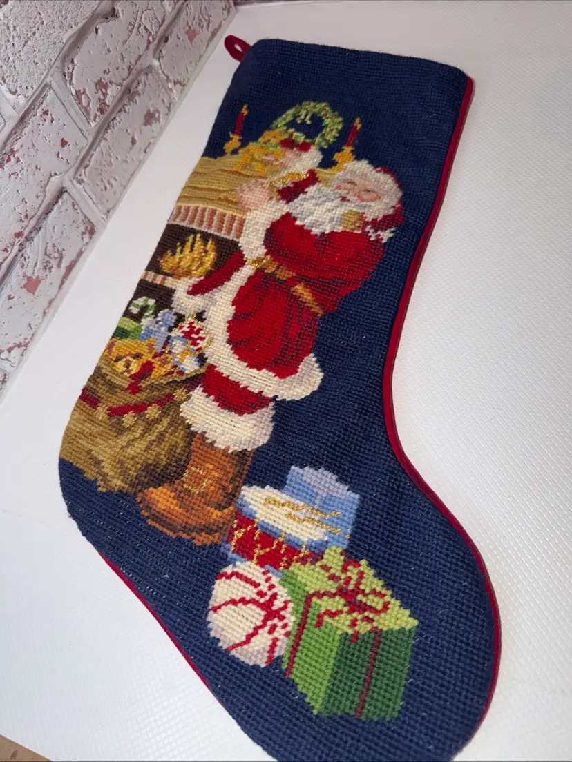 Vintage Christmas Needlepoint Santa Placing A Bear Above The Fireplace