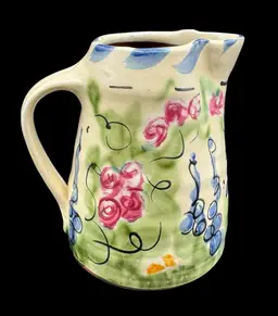 Jan Hoyman Redware Studio Pottery Pitcher Hand Painted Floral Blue Pink Green