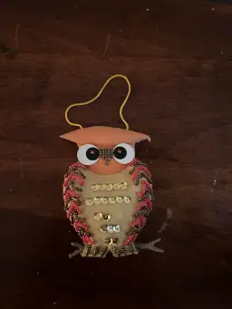 Vintage Beaded Felt Owl Ornament Sequins & Beads Handmade Retro Woodland Decor