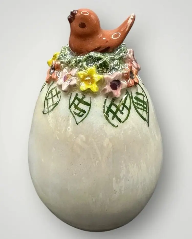 Handpainted Delicate Porcelain Egg With Bird Iridescent Florals Signed Cheeseman