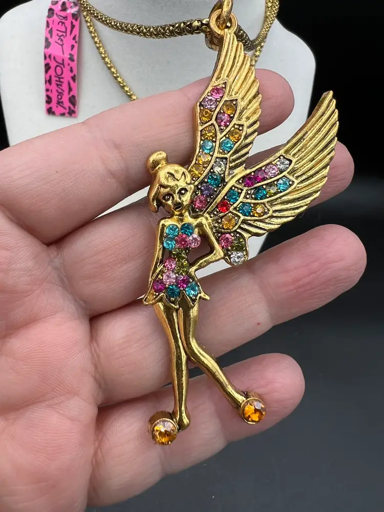 Betsey Johnson Pixie 🧚 With Multicolor Stones On A Golden Chain With Tags 15”
