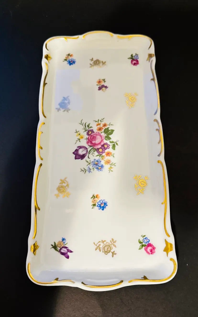 Gorgeous Vintage Rectangular Plate With Gold Trim and Flower Motive