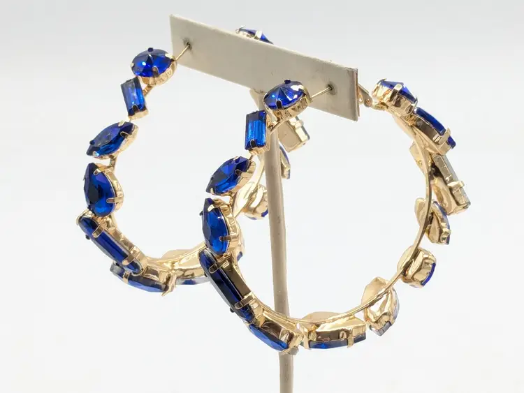 Gold Tone Large Statement Blue Glass Hoop Earrings