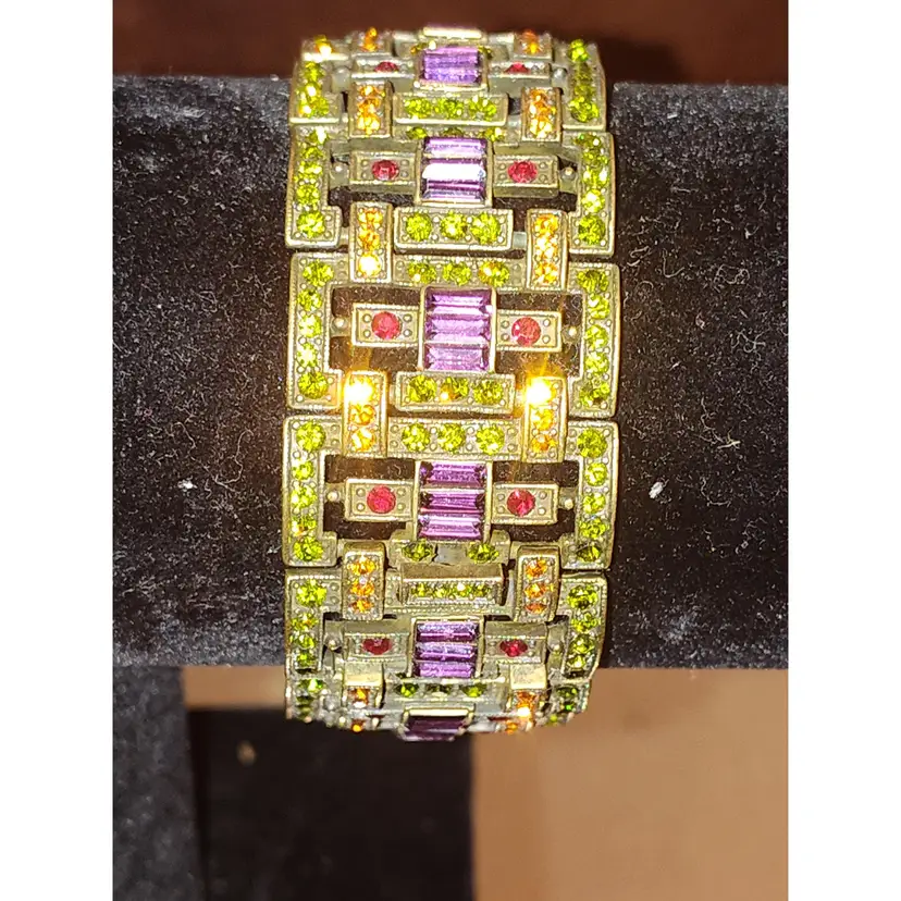 #01 - Bracelet Brass Tone Green Purple Red Crystal Deco 7.25"