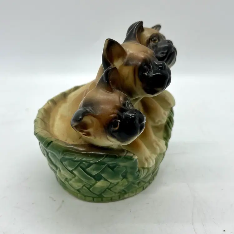 Vintage Lefton 3 Boxer Dog Puppies In Basket Ceramic Figurine Bulldog Terrier