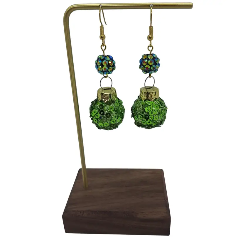Christmas Ornament Earrings Green Sequin Covered Balls Shambala Beads Gold Tone
