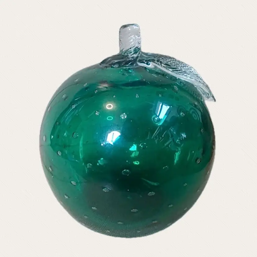 Hand Blown Glass Large Green Apple Paperweight Fairy Tale Cottage Core Farmhouse