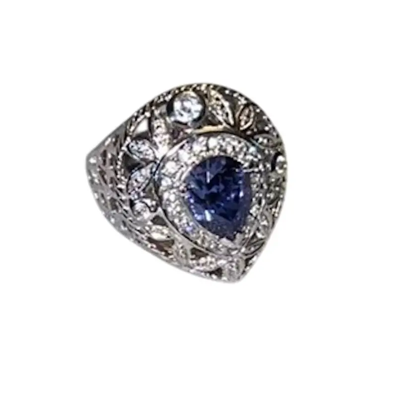 Rhodium Plated Sterling Silver Fashion Ring (Tanzanite Color Stone) Size 7.5 12.95grams