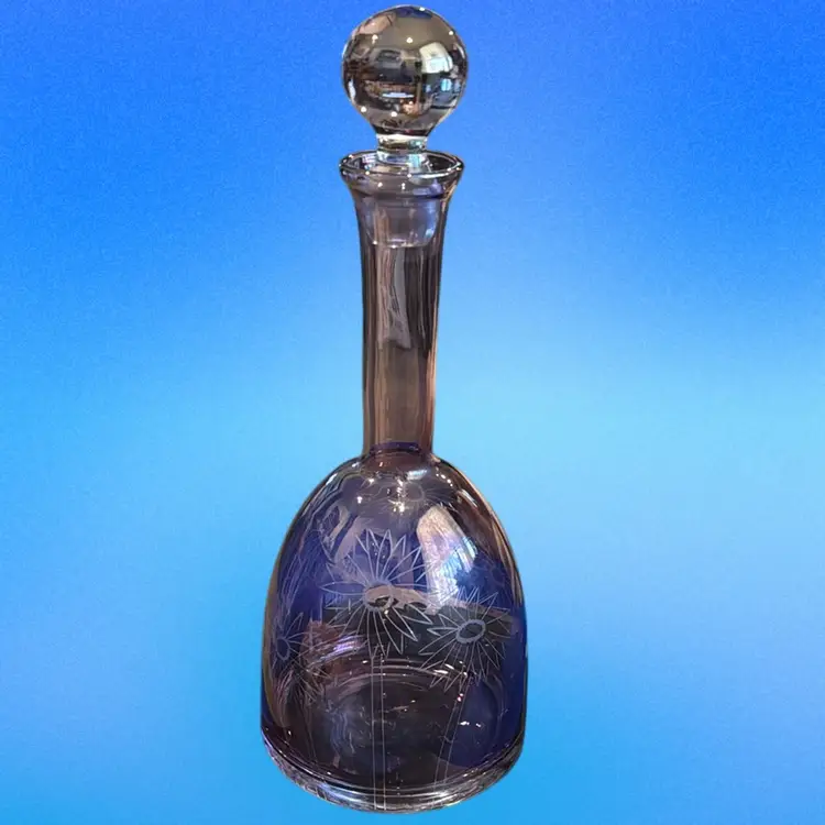 MCM  Roscher & Co. Etched Iridescent Glass Purple Flowers Decanter W/ Orginal Glass Stopper