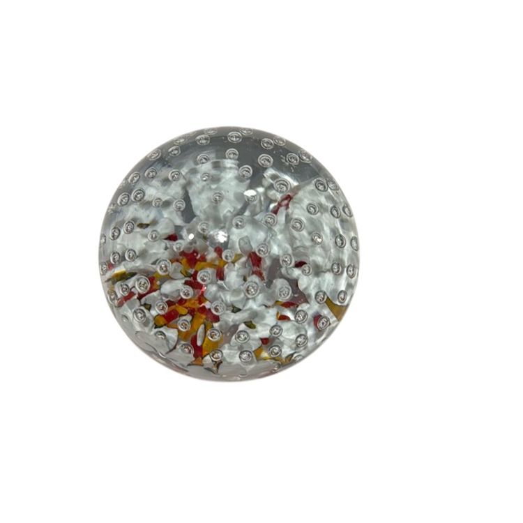 Unusual Frit - Vintage Mouthblown Art Glass Paperweight - Controlled Bubbles With Orange White & Green - 2.5”