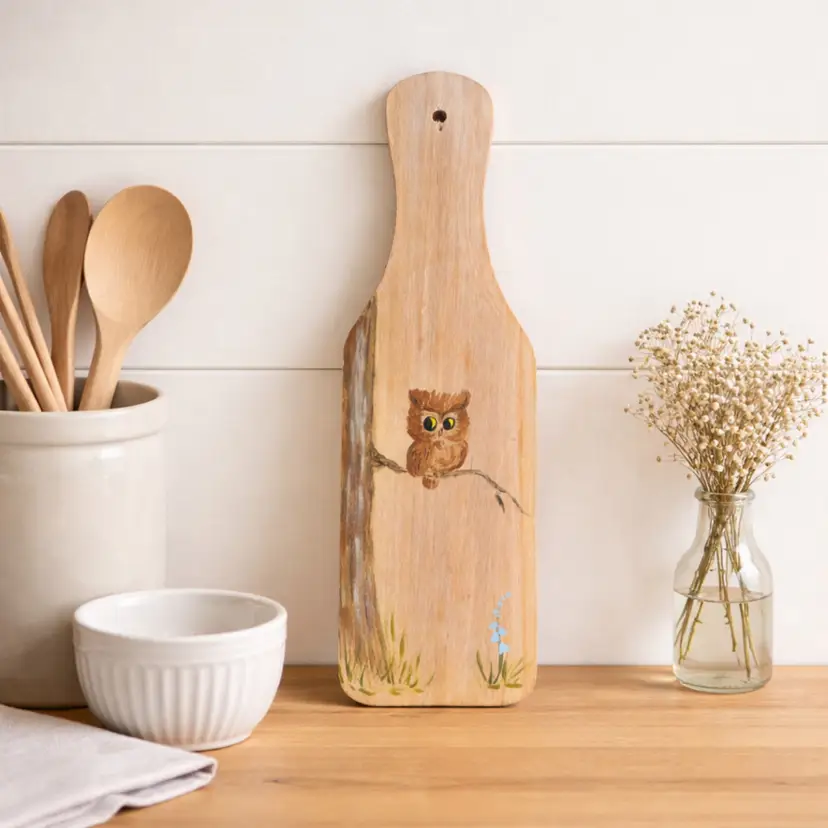 Vintage Hand Painted Owl Wooden Paddle | Rustic Folk Art Wall Decor | Primitive Cottage Farmhouse Accent