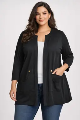 Exclusively Misook Woman Size 2X Black Open Front Cardigan Basic Gold Buttons