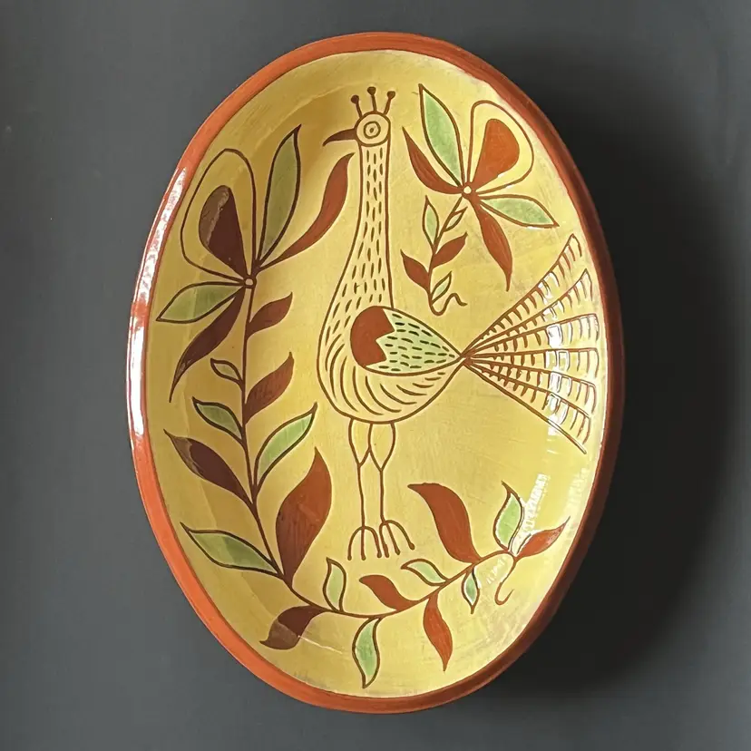 Zettlemoyer Pennsylvania Redware Pottery Oval Peacock Pattern Dish 11¼" L × 8¼ W