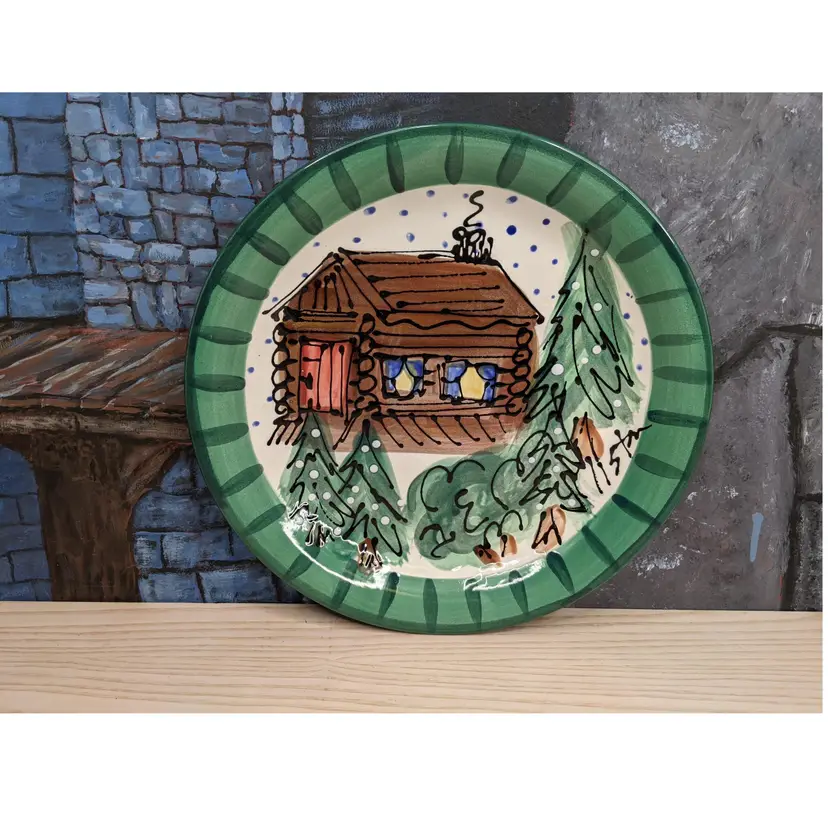 Liston Studios Rare Sun Valley Idaho Ceraminter Made in Italy  Decorated Pottery Plate Scenic Log Cabin Pine Trees Signed 11in Colorful