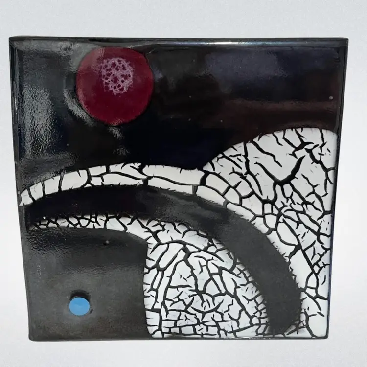 #01 Mid-Century Modern Abstract Art Tile – Crackle Glaze & Glossy Accents- 8.75” x 8” - Cork Feet- Trivet, Wall Art