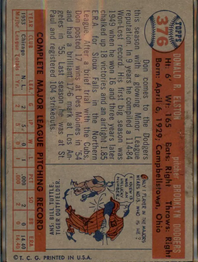 1957 Topps #376 Don Elston - (pk1) - Brooklyn Dodgers