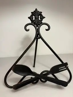 Wrought Iron Cookbook Holder Plate Black 10 Inch Spoon Fork Easel