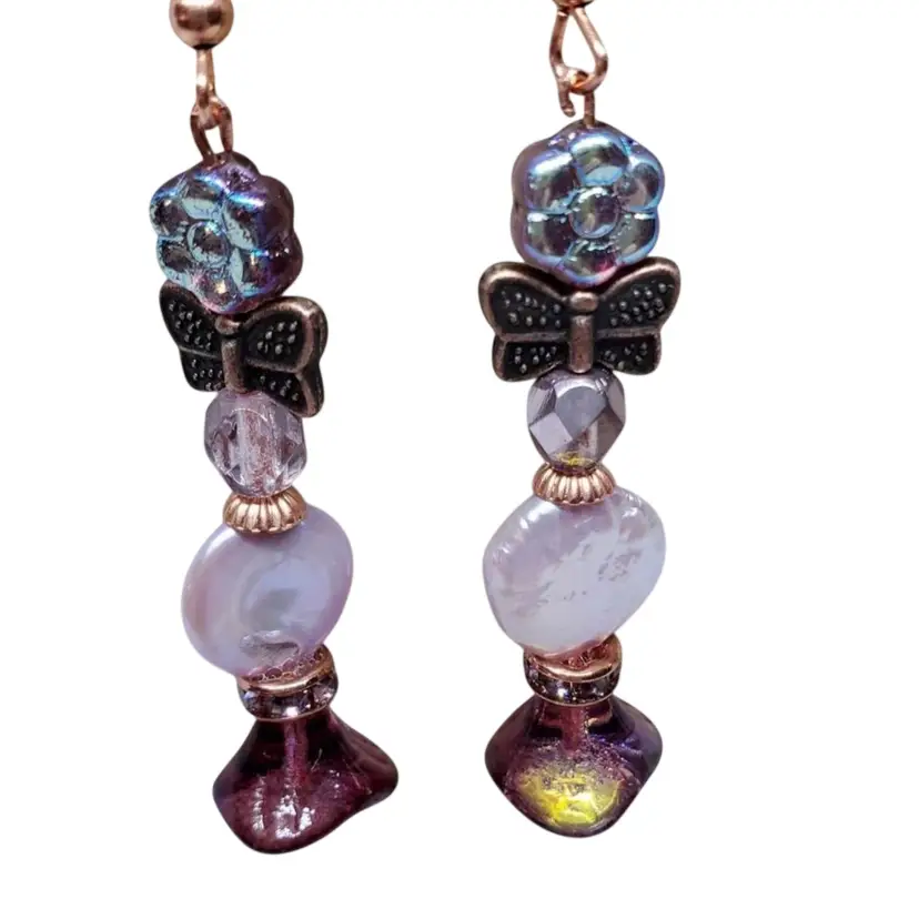 Handcrafted Purple Coin Pearl And Pressed Glass Copper Wire Earrings