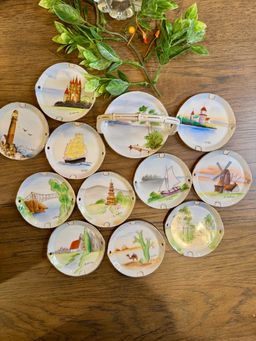 Vintage Hand Painted 12pc Coaster Set & Caddy, Lenwile China Ardalt, Occupied Japan