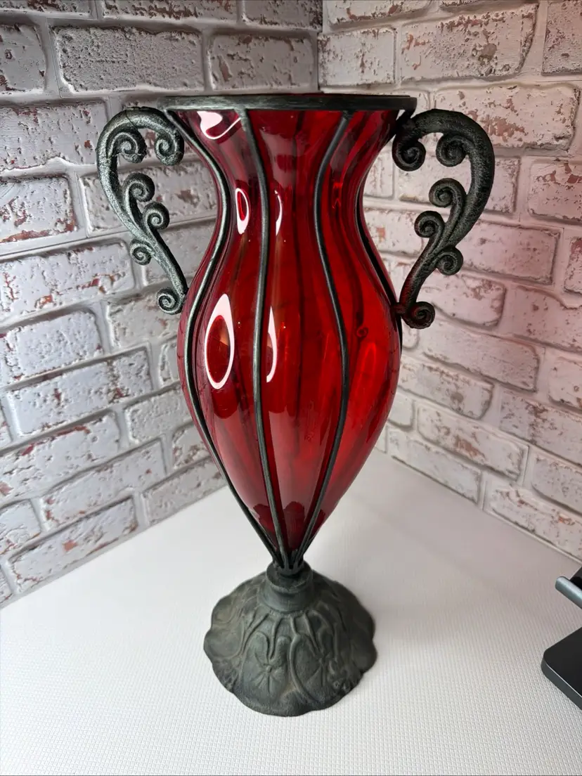Vintage Tall Red Ruby Glass Surrounded By Metal Holding It READ