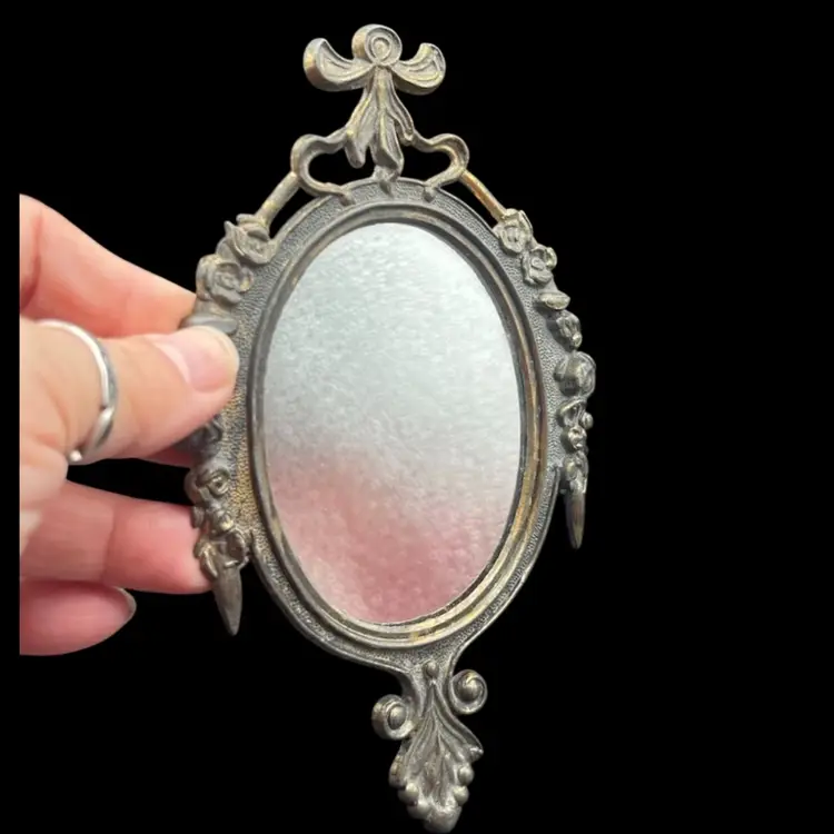 #263A Vintage Ornate Mirror In A Metal Oval Picture Frame Made In Italy MCM Rococo 
Victorian