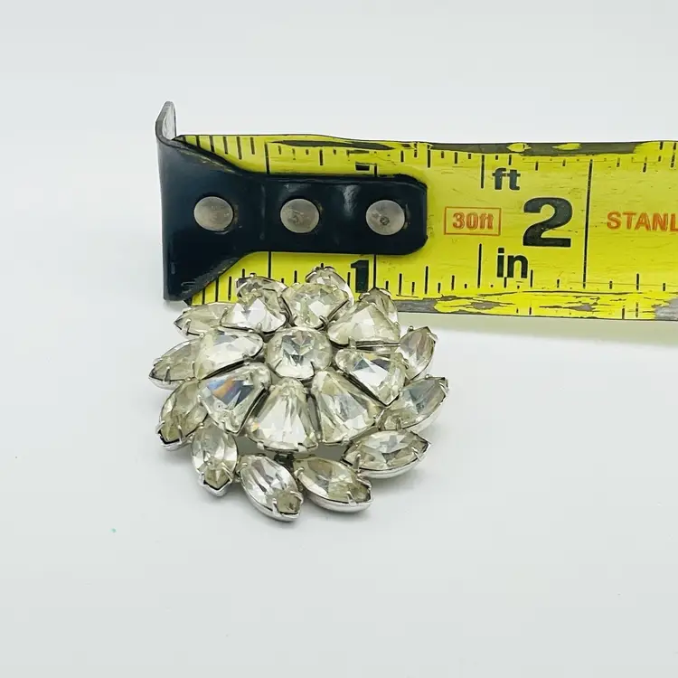 Vintage Clear Rhinestone Flower Brooch Sparkling Marquise Crystal Silver Tone 11889