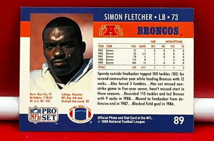 1990 NFL Pro Set Collector Football Trading Card Broncos Simon Fletcher #89