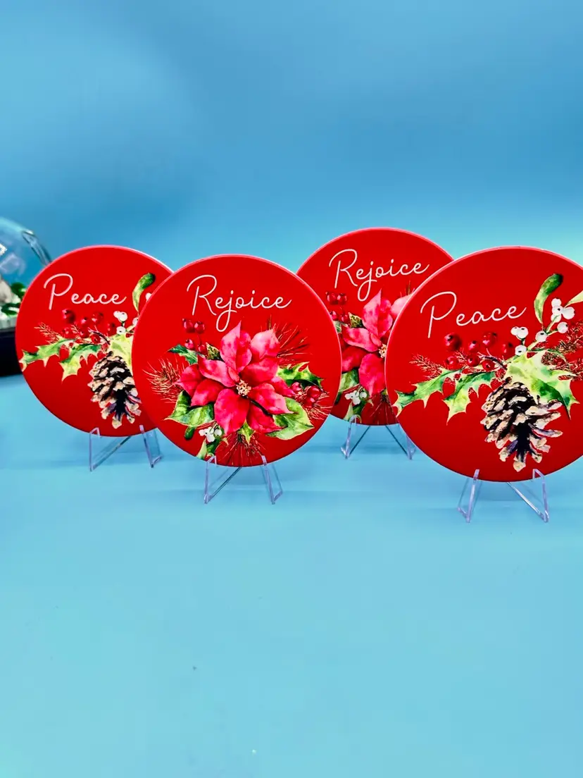 Christmas Festive Red Ceramic Coasters With Flowers & pine cones/ Peace And Rejoice Words New in box.