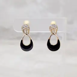 Vintage Clip On Earrings Stylish Gold Tone with Black Enamel & Clear Gems