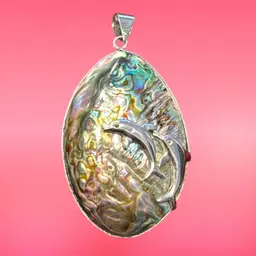 Large Double Sided SilverTone Abalone & Mother Of Pearl Dolphin Pendant 2.5”