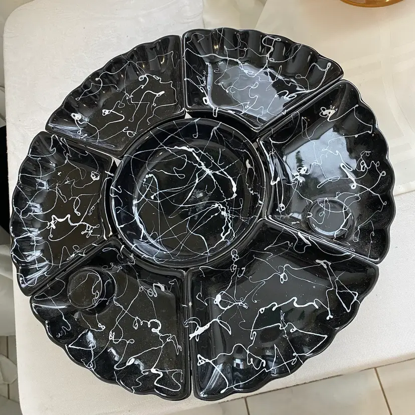 #4822 USA Pottery Black And White 8 Piece Ceramic Lazy Susan Turntable Serving Set MCM