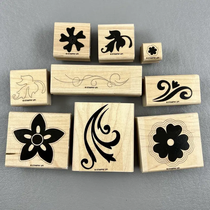 Stampin Up Set Of 9 Stitched Exotics Wood Mounted Rubber Stamp Kit Flowers Leaves