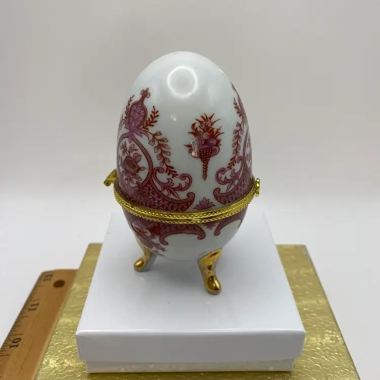 Fine Porcelain Imperial Design Egg Form Hinged Footed Trinket Box