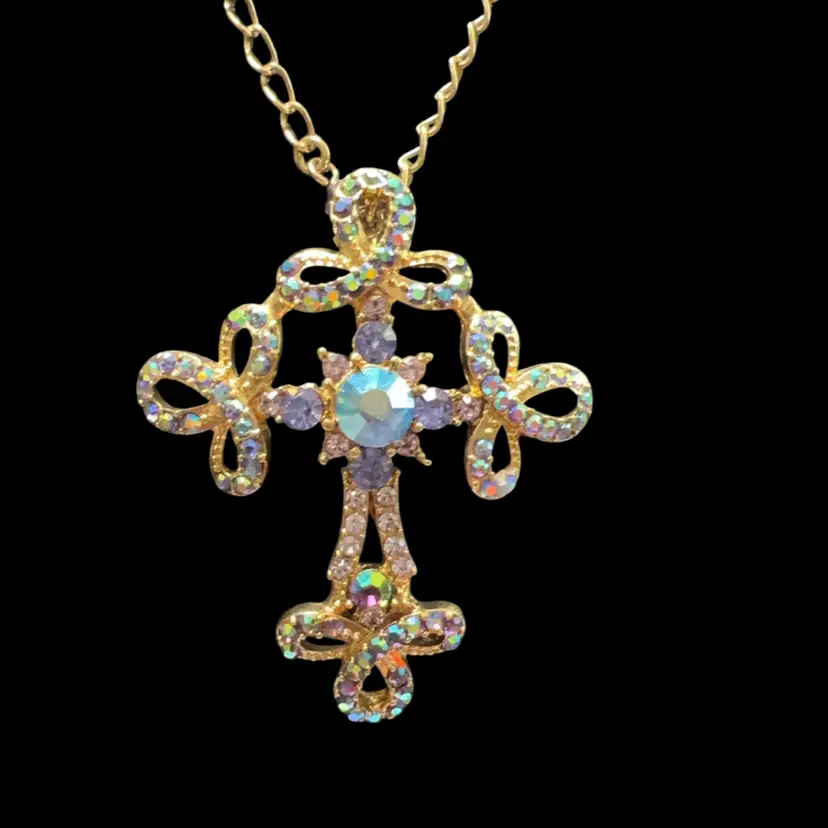 Kirks Folly Gold Tone AB Crystal Pendant Brooch Necklace Jewelry 18” Plus 1” Extender Pendant Is 2”
