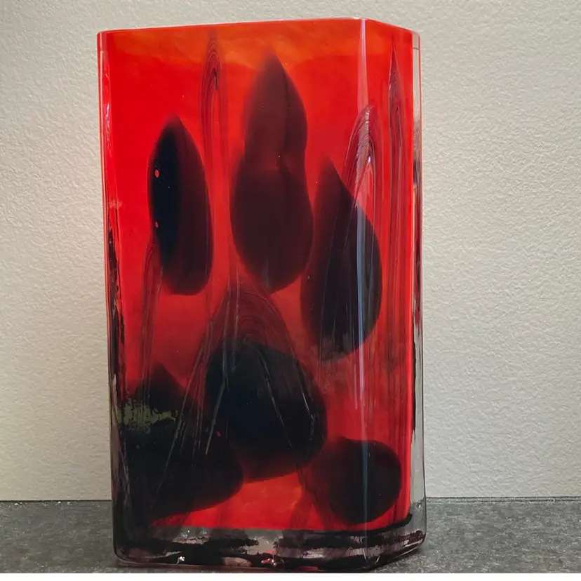 Czech Republic Cased Glass Red Black Rectangular Vase 