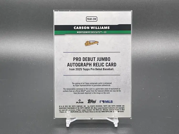 Carson Williams 2025 Pro Debut Blue Patch Auto /150 - Tampa Bay Rays