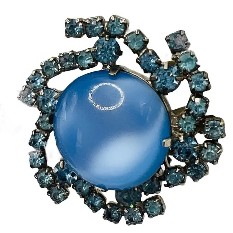 Mid Century 50s/60s Blue Cabochon w/ Rhinestone Swirl Clip On Earrings