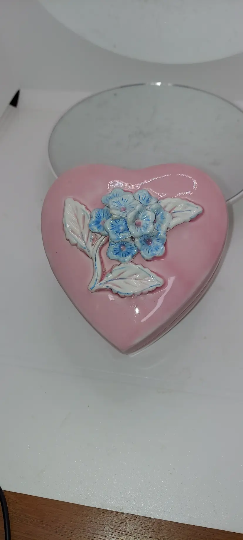 Pink Porcelain Heart Shaped Trinket Jewelry Box With Blue White Flowers On Top