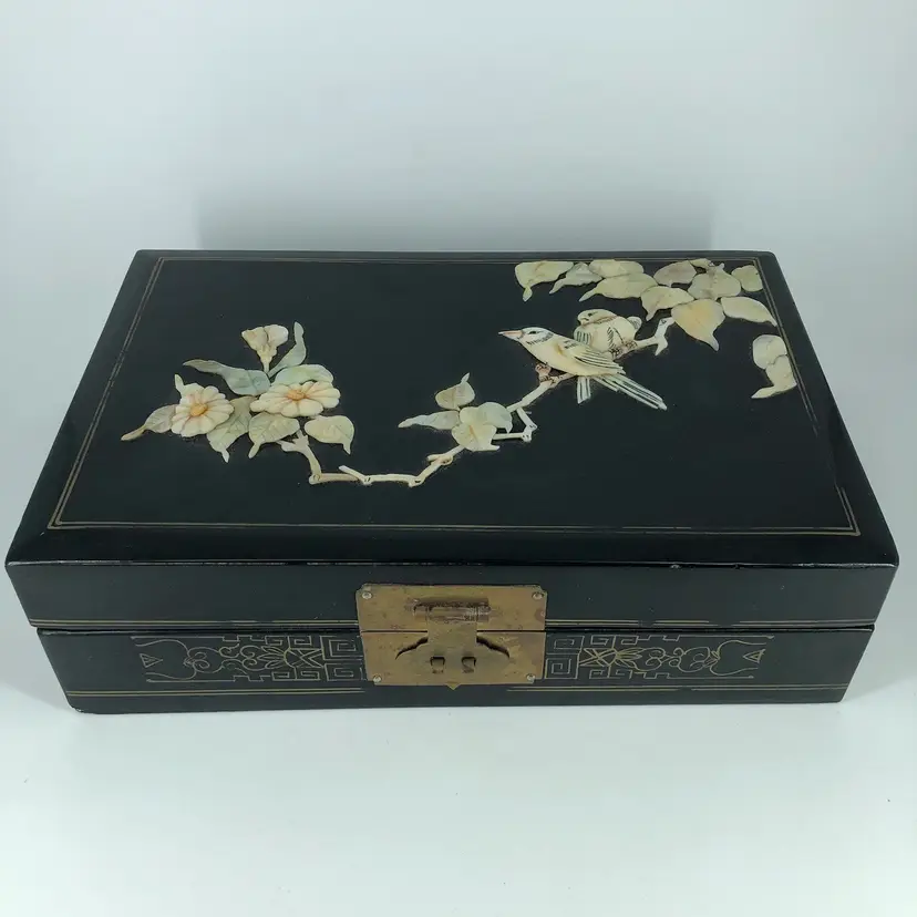 Vintage Ornate Carved Stone Birds on Tree Jewelry Box
