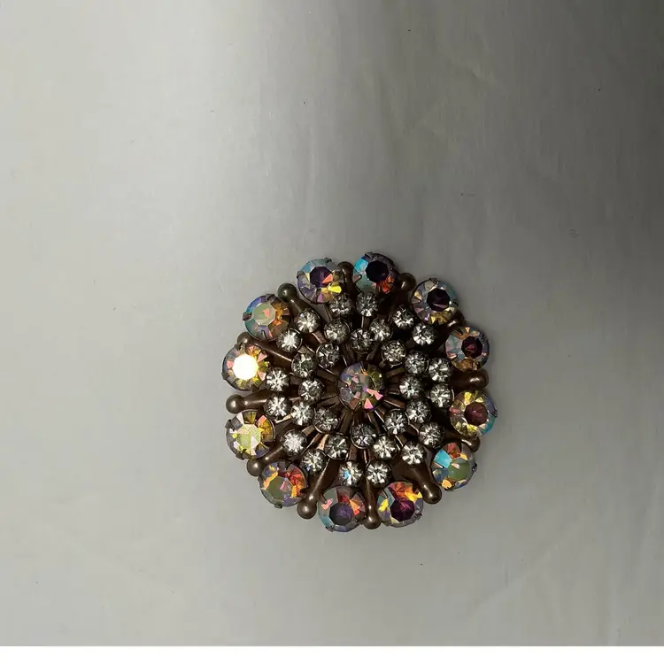 Vintage Brooch Aurora Borealis & Clear Rhinestones Gold-Toned Metal Backing, 2”Dia. Sturdy C Safety Clamp, Excellent Condition (Please See Photos)