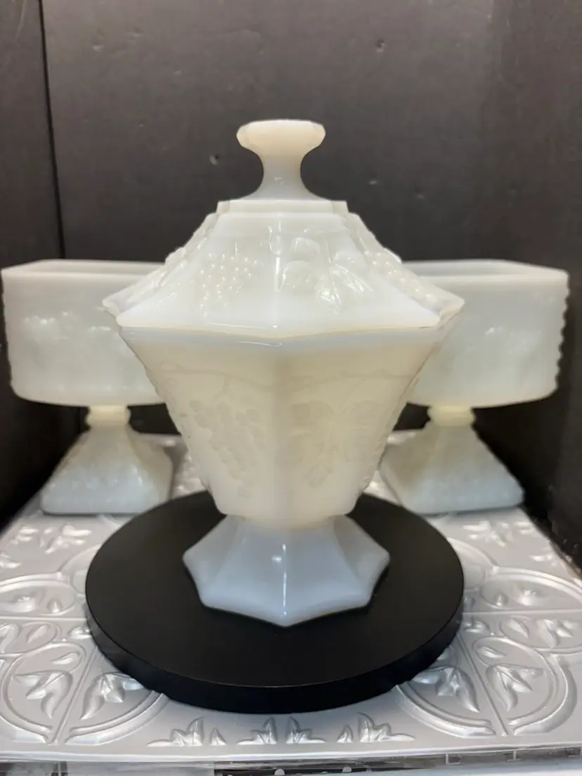 Anchor Hocking Harvest Grape Milk Glass Covered Compote/Candy Dish USA 7.5" tall With 2 Matching Votive